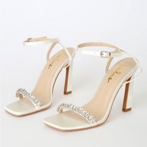 Goldiena White Satin Rhinestone Ankle Strap Heels